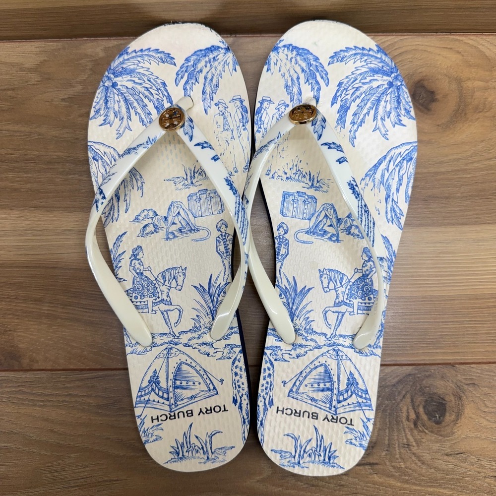Tory Burch Far And Away Flip Flops Womens 8 M Blue Cream Travel Thong Sandals - Picture 8 of 10